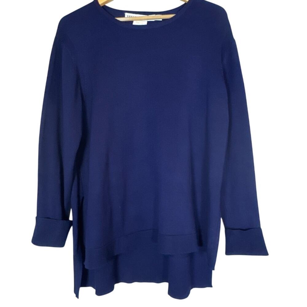 Gretchen Scott Blue Tunic Sweater Cuffed Long Sleeve Medium Navy Knit Casual
